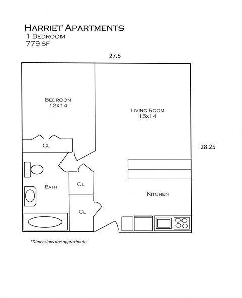 Floor plan for 1 bed, 1 bath, 779 sqft